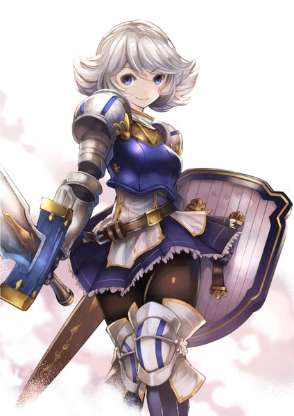 Anime picture 707x1000 with granblue fantasy farrah (granblue fantasy) ryouku single tall image looking at viewer fringe short hair simple background smile hair between eyes white background purple eyes holding silver hair smoke girl weapon pantyhose sword