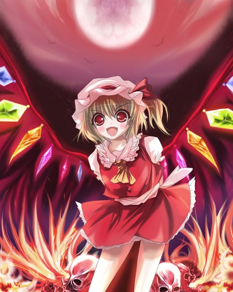 Anime picture 1200x1500 with touhou flandre scarlet marionette (excle) single tall image blush short hair open mouth blonde hair red eyes teeth fang (fangs) one side up red moon girl skirt bow hat wings moon