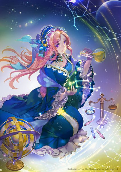 Anime picture 650x919 with original tob single long hair tall image fringe sitting purple eyes parted lips wind orange hair inscription wide sleeves space constellation zodiac libra (zodiac) girl dress bow