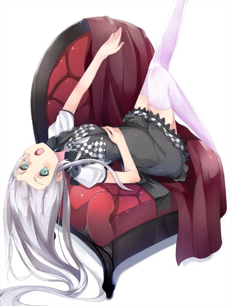 Anime picture 1000x1318 with haiyore! nyaruko-san nyaruko kawasaki kana single long hair tall image open mouth blue eyes simple background white background silver hair loli checkered girl thighhighs dress white thighhighs chair