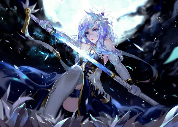 Anime picture 3157x2262 with sdorica -sunset- sione aldric vardan single long hair looking at viewer fringe highres breasts blue eyes light erotic bare shoulders holding absurdres silver hair bent knee (knees) outdoors hair flower night night sky