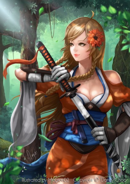 Anime picture 1000x1414 with mirai millenium suenaga mirai magion02 single long hair tall image brown hair bare shoulders signed yellow eyes looking away braid (braids) traditional clothes hair flower realistic unsheathing girl hair ornament flower (flowers) weapon