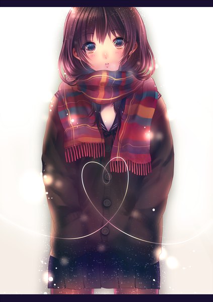 Anime picture 940x1333 with original momoshiki tsubaki single long hair tall image looking at viewer blush simple background brown hair white background brown eyes heart of string girl skirt serafuku jacket heart scarf winter clothes
