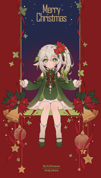 Anime picture 1800x3156 with genshin impact nahida (genshin impact) miji black single long hair tall image looking at viewer fringe highres smile hair between eyes sitting green eyes signed silver hair full body hair flower pointy ears twitter username christmas