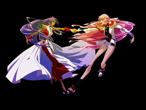 Anime picture 1280x960 with revolutionary girl utena j.c. staff tenjou utena himemiya anthy long hair blue eyes simple background multiple girls green eyes pink hair purple hair sleeveless dark skin holding hands black background girl dress 2 girls tiara