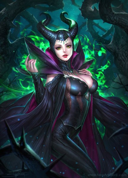 Anime picture 1000x1389 with sleeping beauty maleficent nudtawut thongmai single tall image looking at viewer breasts green eyes horn (horns) lips realistic hand on chest girl plant (plants) cloak bodysuit