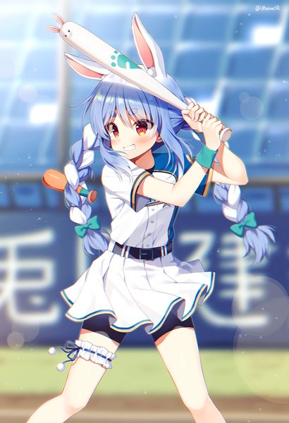 Anime picture 800x1170 with virtual youtuber hololive nippon professional baseball hokkaido nippon-ham fighters usada pekora mauve single long hair tall image blush fringe smile hair between eyes red eyes standing signed animal ears blue hair looking away outdoors