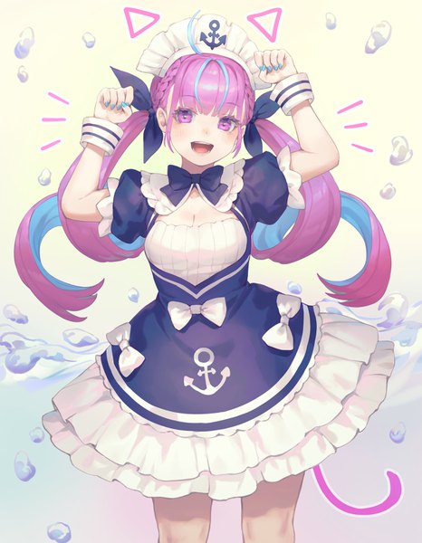 Anime picture 2693x3468 with virtual youtuber hololive minato aqua minato aqua (1st costume) bibimbub single long hair tall image looking at viewer highres open mouth standing purple eyes twintails purple hair ahoge :d puffy sleeves drill hair paw pose