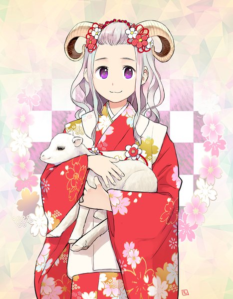 Anime picture 797x1024 with original morifumi single long hair tall image looking at viewer purple eyes holding silver hair traditional clothes japanese clothes hair flower horn (horns) fingernails new year :3 checkered checkered background girl flower (flowers)