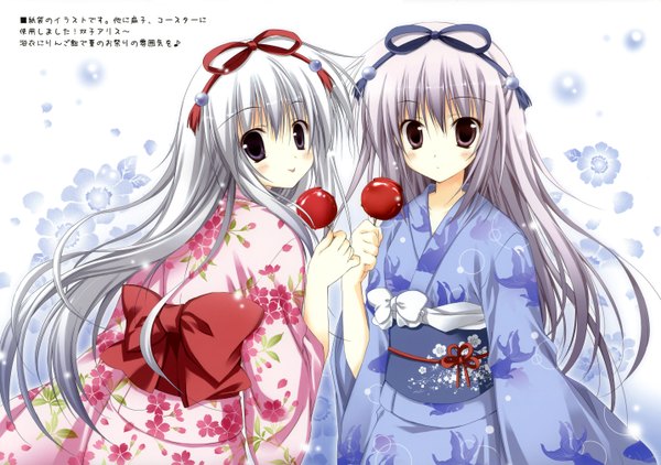 Anime picture 5734x4040 with alice or alice original airi (alice or alice) rise (alice or alice) korie riko long hair blush highres smile purple eyes multiple girls absurdres white hair japanese clothes grey hair girl flower (flowers) ribbon (ribbons) bow 2 girls
