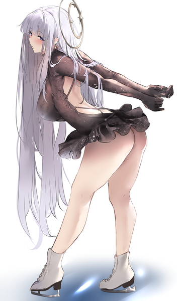 Anime picture 1862x3176 with azur lane guichen (azur lane) guichen (sorciere on ice) (azur lane) liaowen single long hair tall image looking at viewer blush fringe highres breasts blue eyes light erotic simple background large breasts white background silver hair full body ass