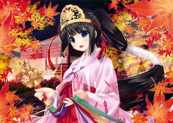 Anime picture 3300x2343 with original eshi 100-nin ten shintarou single blush highres open mouth blue eyes black hair looking away absurdres ponytail very long hair traditional clothes japanese clothes scan official art miko girl hair ornament