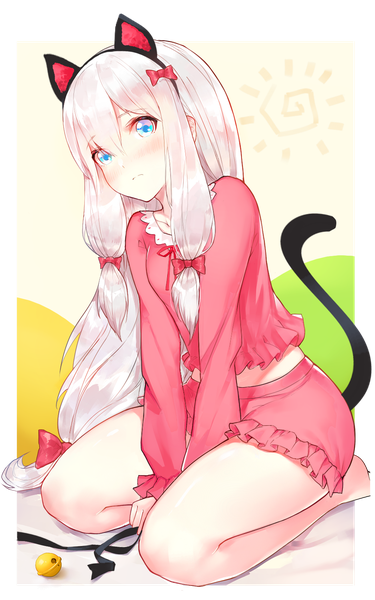 Anime picture 1000x1600 with eromanga sensei a-1 pictures izumi sagiri horz single long hair tall image looking at viewer blush blue eyes animal ears bent knee (knees) tail head tilt animal tail barefoot cat ears bare legs cat girl cat tail