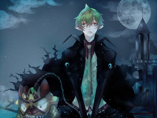 Anime picture 1600x1200 with ao no exorcist a-1 pictures amaimon bambino single green hair pointy ears night mouth hold torn clothes demon boy necktie book (books) moon star (stars) chain full moon skull tower