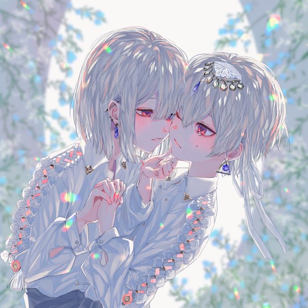 Anime picture 2000x2000 with original kokugom blush fringe highres short hair open mouth hair between eyes red eyes multiple girls silver hair blunt bangs long sleeves one eye closed blurry sparkle tears piercing holding hands ear piercing