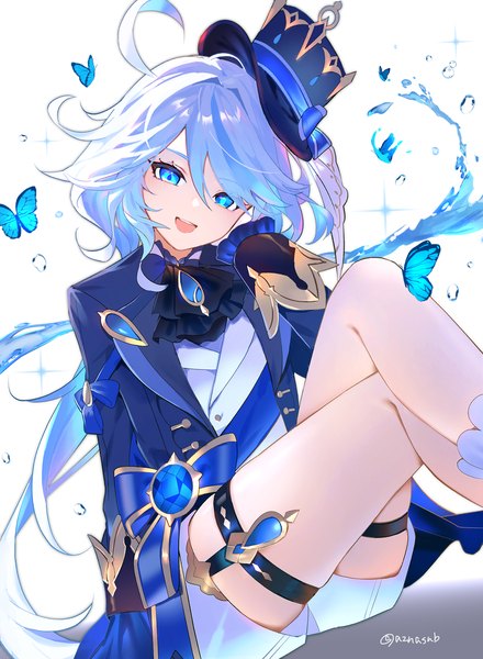 Anime picture 1531x2086 with genshin impact furina (genshin impact) azna single long hair tall image looking at viewer fringe open mouth blue eyes sitting signed blue hair silver hair ahoge :d twitter username low ponytail girl water