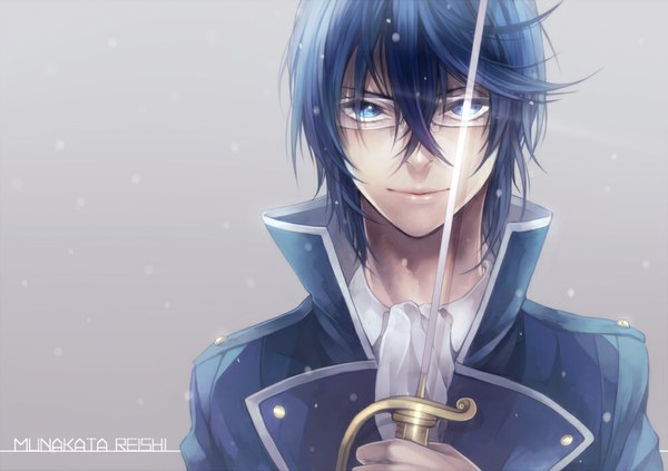 Anime picture 1000x705 with k-project gohands (studio) munakata reishi tsukudato single looking at viewer short hair blue eyes simple background holding blue hair upper body grey background snowing boy uniform glasses neckerchief epee