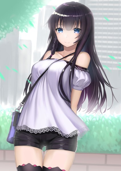 Anime-Bild 706x1000 mit original mizuya nao single long hair tall image looking at viewer blue eyes black hair bare shoulders braid (braids) zettai ryouiki single braid side braid hands behind back casual girl thighhighs black thighhighs shorts short shorts