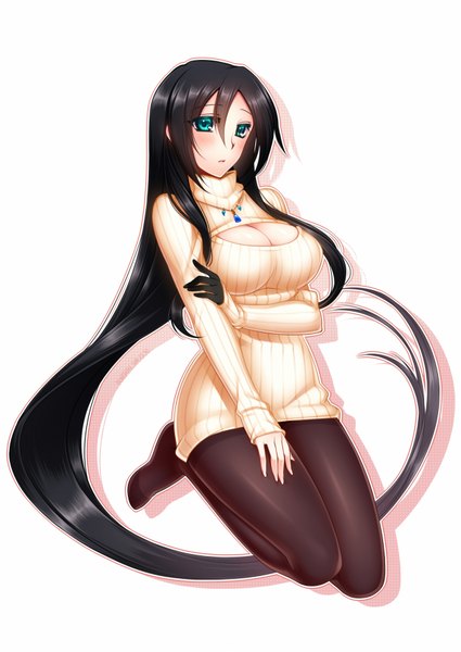 Anime picture 1253x1770 with konshin single tall image blush breasts light erotic black hair simple background white background green eyes very long hair girl pantyhose sweater turtleneck single glove open-chest turtleneck