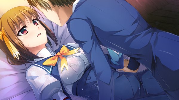 Anime picture 1280x720 with gensou douwa alicetale short hair red eyes brown hair wide image game cg lying girl boy uniform bow hair bow school uniform