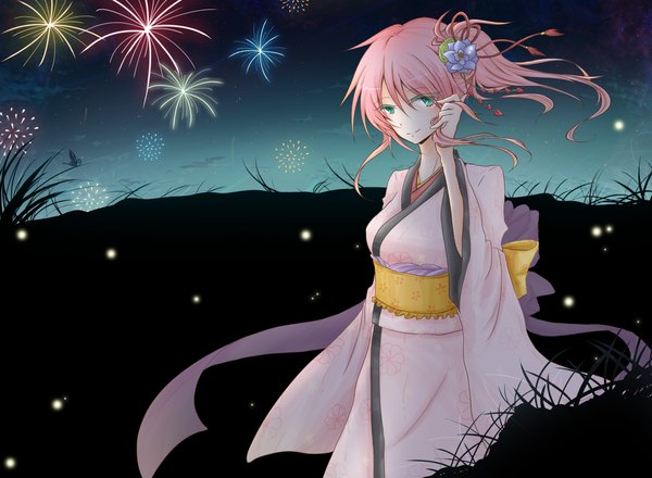 Anime picture 2278x1674 with vocaloid megurine luka tagme (artist) single long hair highres smile green eyes pink hair japanese clothes hair flower night fireworks girl hair ornament belt kimono kanzashi