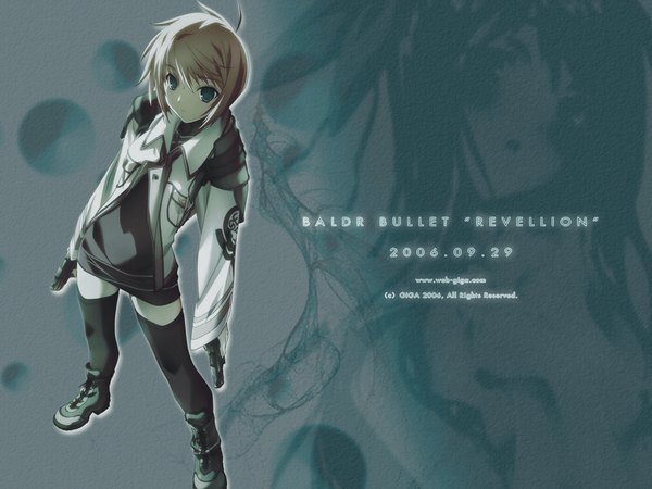Anime picture 1280x960 with baldr (series) baldr bullet revellion giga carna abitbol single short hair brown hair standing holding from above copyright name dated dual wielding 2004 girl thighhighs weapon black thighhighs gun pistol