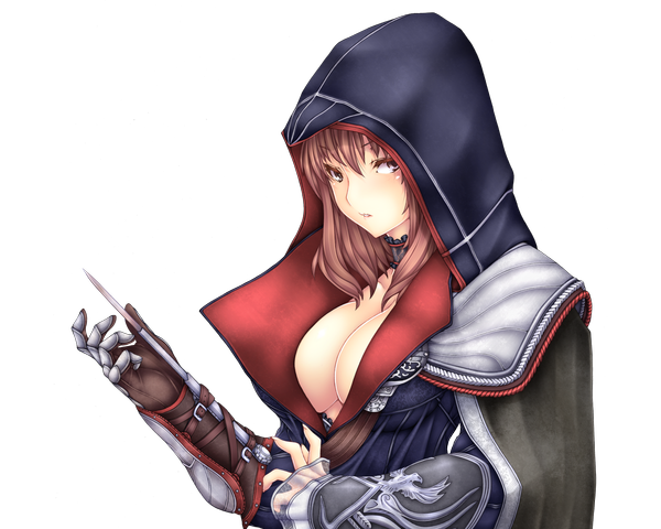 Anime picture 1451x1161 with assassin's creed (game) assassin's creed ii yui.h single short hair breasts light erotic brown hair large breasts brown eyes transparent background girl gloves weapon armor hood
