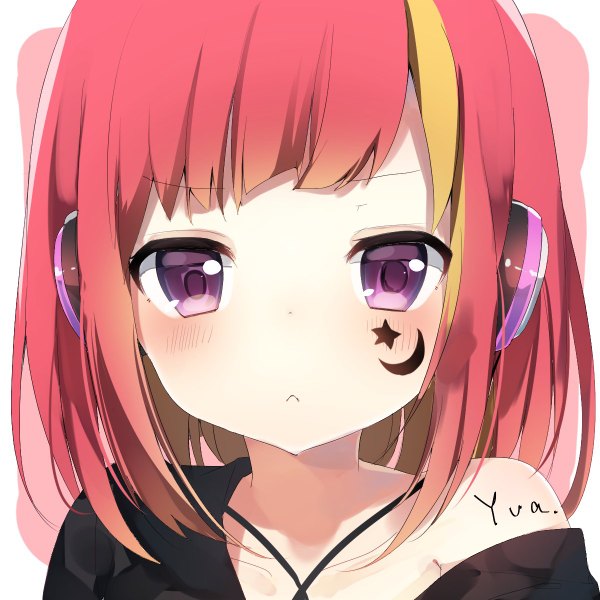 Anime picture 1200x1200 with umibouzu (niito) single blush fringe short hair simple background blonde hair white background purple eyes bare shoulders pink hair blunt bangs multicolored hair two-tone hair tattoo streaked hair portrait face :< girl
