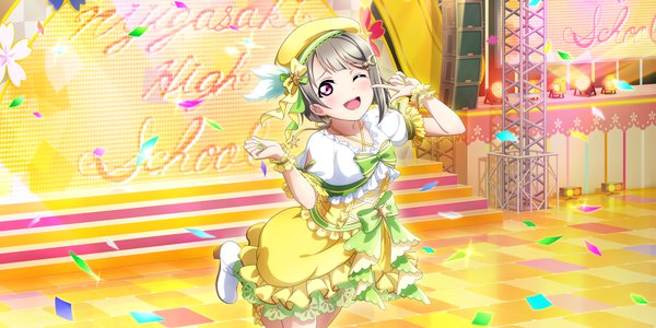 Anime picture 3600x1800 with love live! nijigasaki high school idol club love live! school idol festival all stars sunrise (studio) love live! nakasu kasumi single looking at viewer blush fringe highres short hair open mouth smile red eyes wide image standing nail polish one eye closed grey hair wink