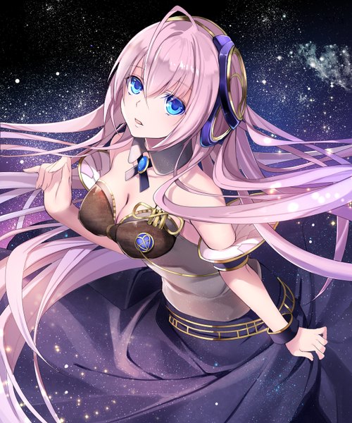 Anime picture 1200x1440 with vocaloid megurine luka megurine luka (vocaloid4) yuuki kira single long hair tall image looking at viewer fringe blue eyes standing bare shoulders pink hair sky cleavage ahoge parted lips from above sparkle space