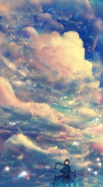 Anime picture 880x1600 with original bounin single long hair tall image black hair cloud (clouds) ponytail wind sparkle glowing looking up shooting star girl dress black dress star (stars) bench