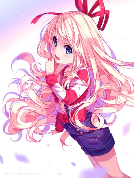 Anime picture 736x980 with original ifabulicious (original) hyanna-natsu single long hair tall image blush fringe open mouth blue eyes blonde hair standing white background signed from above wind looking up striped girl ribbon (ribbons)