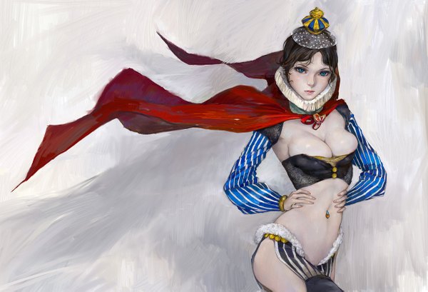 Anime picture 1200x819 with original amatiz single looking at viewer short hair breasts blue eyes light erotic black hair simple background lips grey background bare belly midriff piercing hands on hips girl navel cape crown