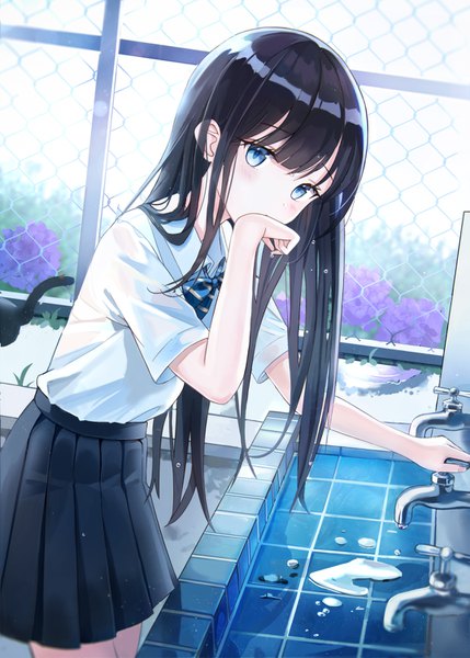 Anime picture 1073x1500 with original iren lovel single long hair tall image looking at viewer blush fringe blue eyes black hair standing head tilt pleated skirt short sleeves wet leaning dutch angle leaning forward outstretched arm covered mouth