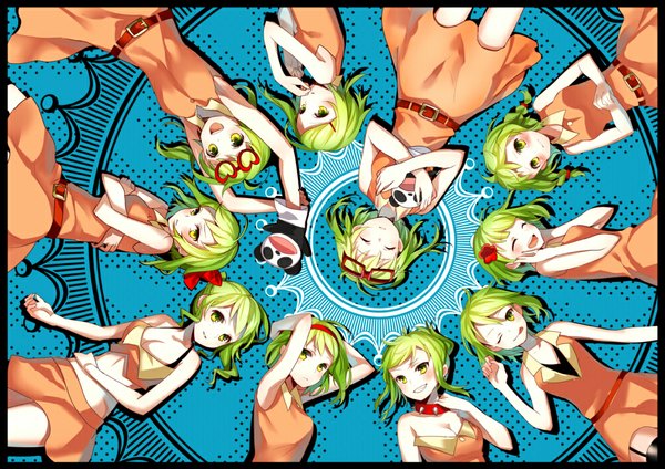 Anime picture 1000x707 with vocaloid juu mensou (vocaloid) gumi yuzuki kihiro looking at viewer blush short hair open mouth smile multiple girls green eyes eyes closed one eye closed green hair wink 6+ girls multiple persona 10 girls girl choker