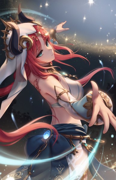 Anime picture 1607x2500 with genshin impact nilou (genshin impact) kie (wylee2212) single long hair tall image looking at viewer fringe breasts twintails bare shoulders red hair blunt bangs long sleeves horn (horns) aqua eyes night sparkle midriff tattoo