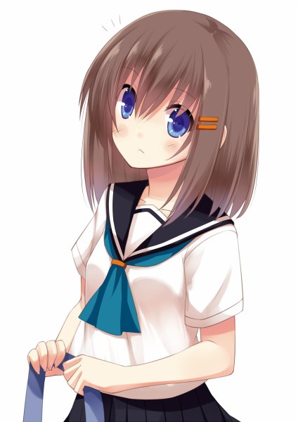 Anime picture 848x1200 with original liong (artist) single tall image looking at viewer blush short hair blue eyes simple background brown hair white background girl serafuku