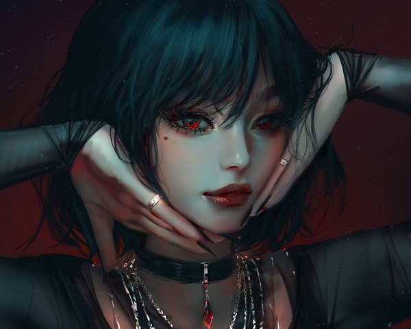 Anime picture 5000x4000 with original nixeu single looking at viewer fringe highres short hair black hair simple background hair between eyes red eyes absurdres long sleeves nail polish fingernails lips realistic mole arms up mole under eye