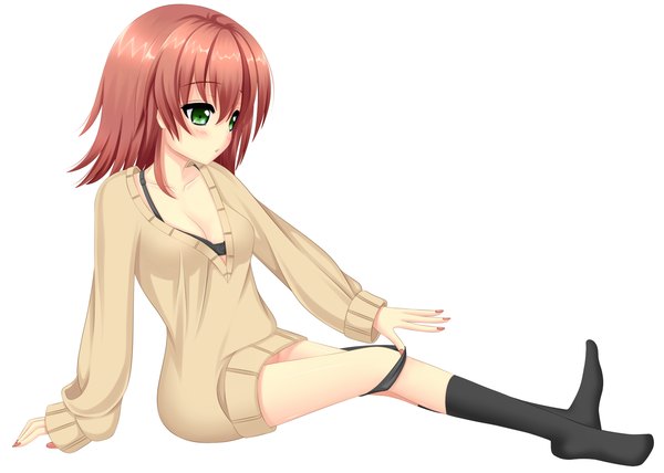 Anime picture 1500x1072 with yoye (pastel white) single short hair light erotic simple background white background green eyes cleavage red hair nail polish no bra undressing girl socks black socks sweater