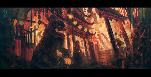 Anime picture 4000x2044 with original cui (jidanhaidaitang) single highres short hair wide image signed absurdres outdoors white hair tail animal tail cat tail letterboxed architecture east asian architecture nekomata girl dress youkai
