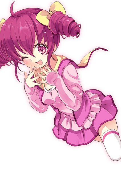 Anime picture 600x849 with precure smile precure! toei animation hoshizora miyuki yukiwo single tall image blush fringe short hair open mouth simple background hair between eyes white background payot pink hair ahoge one eye closed pink eyes from above