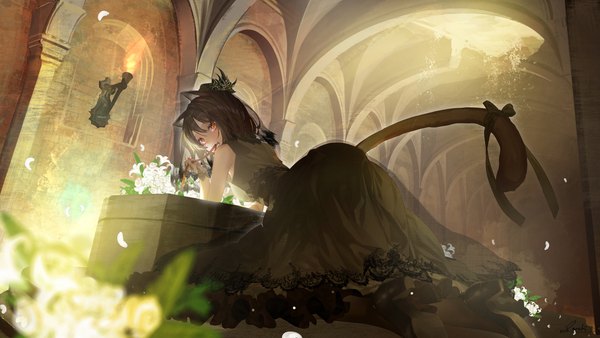 Anime picture 1920x1080 with original saraki single looking at viewer fringe highres short hair open mouth brown hair wide image holding animal ears indoors tail nail polish animal tail looking back cat ears from below cat girl