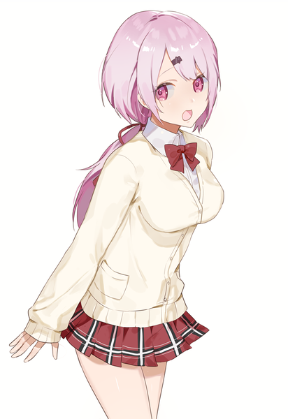 Anime picture 704x1024 with virtual youtuber nijisanji shiina yuika suusuke single long hair tall image looking at viewer fringe open mouth simple background white background pink hair pleated skirt pink eyes low ponytail girl skirt uniform school uniform