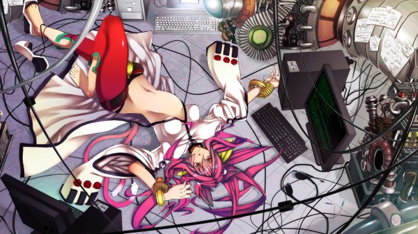 Anime picture 1280x720 with blazblue kokonoe noran (artist) long hair light erotic red eyes wide image pink hair lying girl navel wire (wires) monitor computer computer keyboard