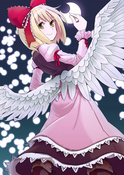 Anime picture 2480x3508 with touhou gengetsu tai0201 single tall image looking at viewer highres short hair blonde hair smile green eyes looking back white wings crescent girl dress bow hair bow wings moon