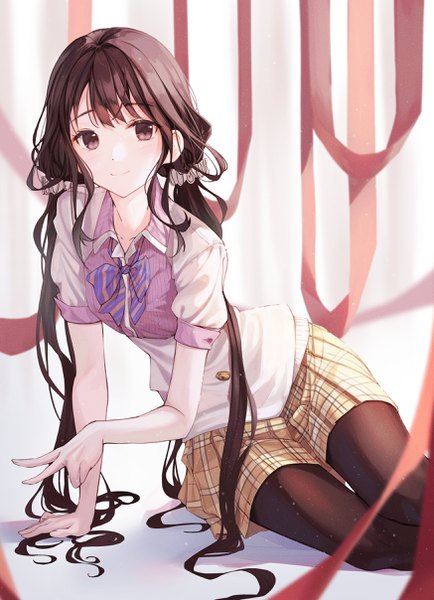 Anime picture 1747x2416 with masamune-kun no revenge silver link adagaki aki siro joon single long hair tall image looking at viewer highres simple background smile brown hair sitting twintails brown eyes arm support short sleeves low twintails plaid skirt girl
