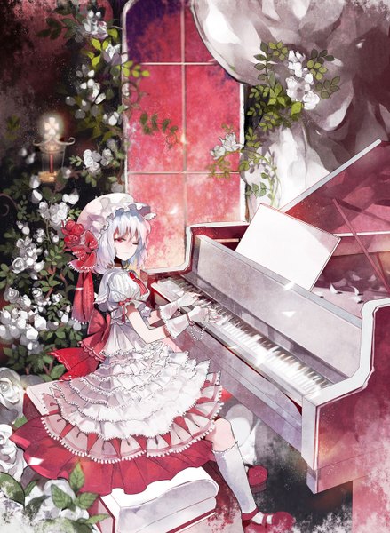 Anime picture 1000x1368 with touhou remilia scarlet susu (artist) single tall image short hair red eyes sitting silver hair nail polish one eye closed wink girl dress petals fingerless gloves rose (roses) bonnet knee socks musical instrument