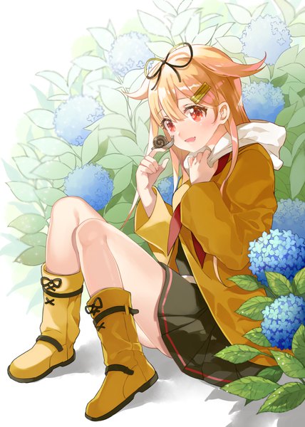 Anime picture 700x980 with kantai collection yuudachi destroyer shiosoda single long hair tall image fringe open mouth blonde hair hair between eyes red eyes sitting full body :d remodel (kantai collection) girl uniform flower (flowers) ribbon (ribbons) hair ribbon
