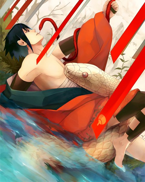 Anime picture 800x1000 with naruto studio pierrot naruto (series) uchiha sasuke mishaguji oba-min single tall image fringe short hair light erotic profile barefoot official art shirtless boy plant (plants) animal tree (trees) water