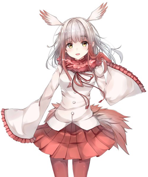 Anime picture 2125x2551 with kemono friends crested ibis (kemono friends) ym (distance819) single long hair tall image looking at viewer blush fringe highres open mouth simple background smile red eyes standing white background yellow eyes silver hair tail pleated skirt